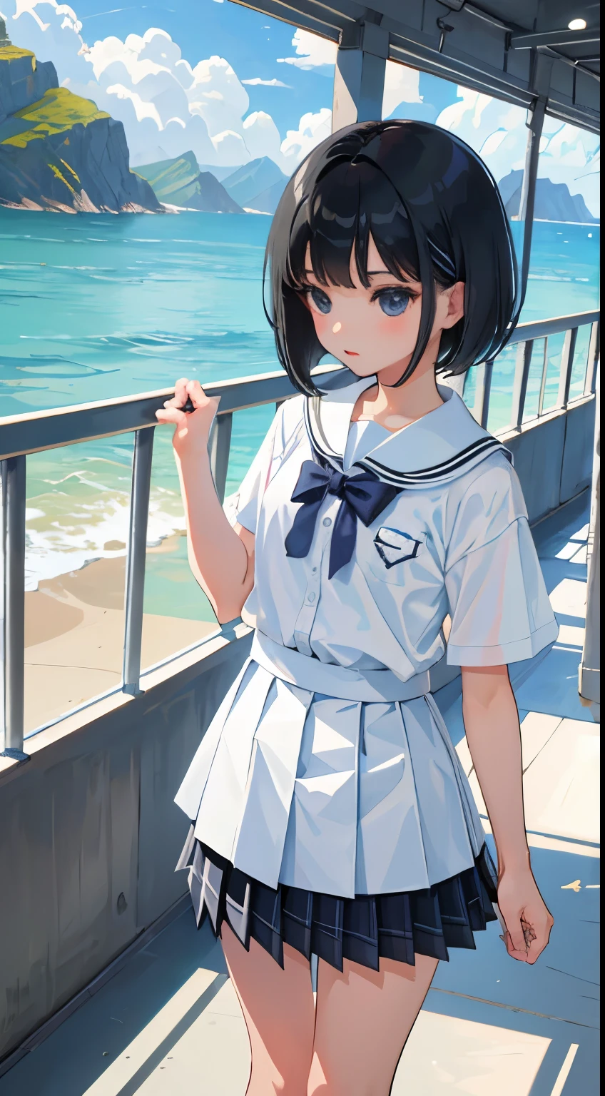 (child)，（masterpiece，Top quality)，White plaid pleated mini skirt，short sleeve，black hair，Summer Classroom，coastal