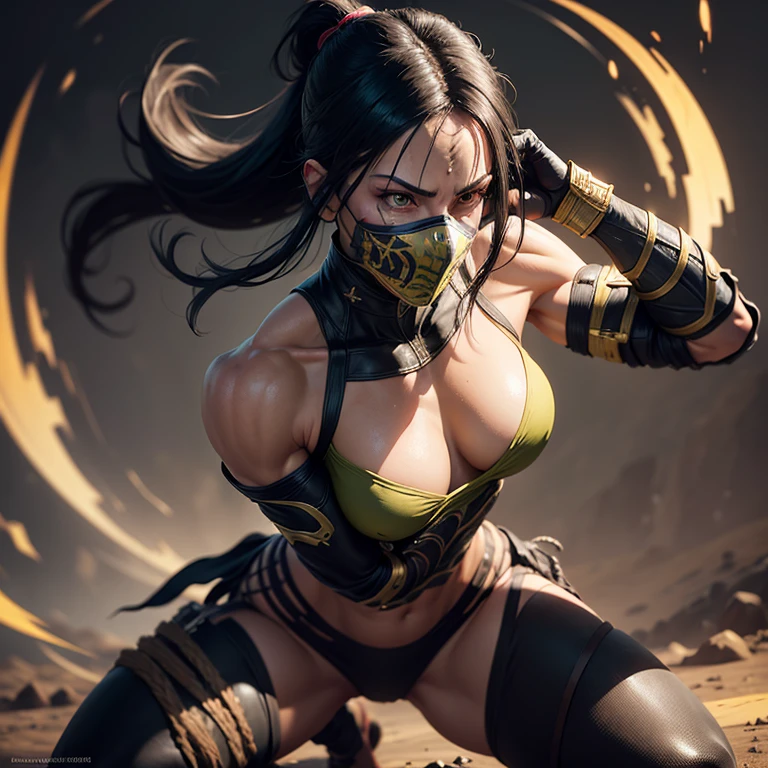 Realistic, 1girl, Mileena from Mortal Kombat, high quality, detailed, (Mortal Kombat: 1.6), wearing Kakashi suit, (realistic, photo-realistic: 1.3), toned physique, broad shoulders, defined abs, long legs, detailed outfit, intricate patterns on the suit, green headband, ninja mask covering the upper part of the face, piercing green eyes, intense gaze, determined expression, sword in hand, battle-ready stance, sword reflecting light, motion blur effect, soft focus on the eyes, cinematic, hyperdetailed.