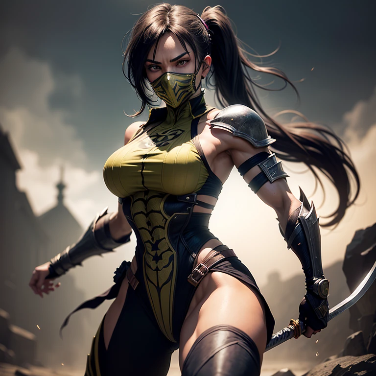 Realistic, 1girl, Mileena from Mortal Kombat, high quality, detailed, (Mortal Kombat: 1.6), wearing Kakashi suit, (realistic, photo-realistic: 1.3), toned physique, broad shoulders, defined abs, long legs, detailed outfit, intricate patterns on the suit, green headband, ninja mask covering the upper part of the face, piercing green eyes, intense gaze, determined expression, sword in hand, battle-ready stance, sword reflecting light, motion blur effect, soft focus on the eyes, cinematic, hyperdetailed.