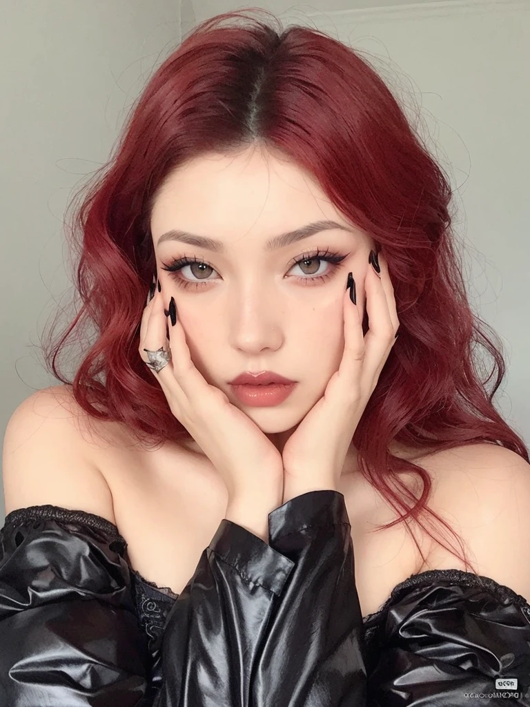 a close up of a woman Con cabello rojo and a black top, lentes de contacto rojas, Con cabello rojo, con pelo rojo rizado, dyed red hair, crimson red hair and red eyes, cruel korean gothic girl, con el pelo largo y rojo, pale red, ulzzang, pale gothic beauty, con pelo largo y ojos penetrantes, cara sexy con maquillaje completo, gothic girl aesthetic