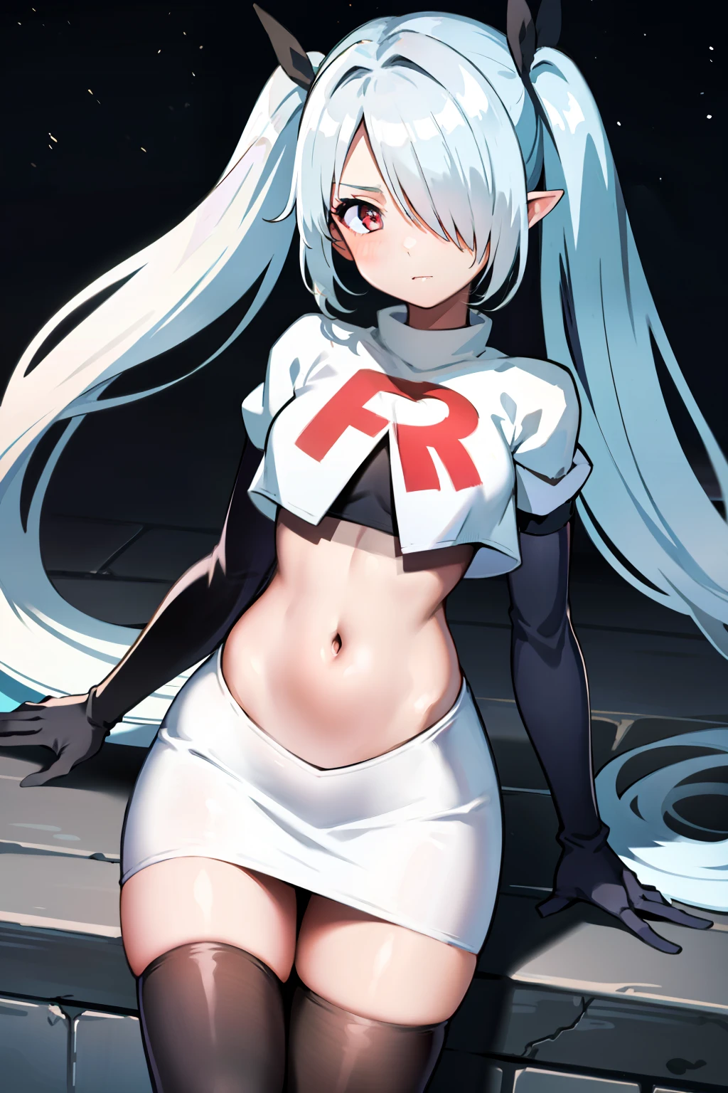 (masterpiece), 1girl, hair over one eye,magical world, shiny steps, beautiful sky, stars, jupiter, ioridef, team rocket,team rocket uniform,white skirt,crop top,black thigh-highs,black elbow gloves,