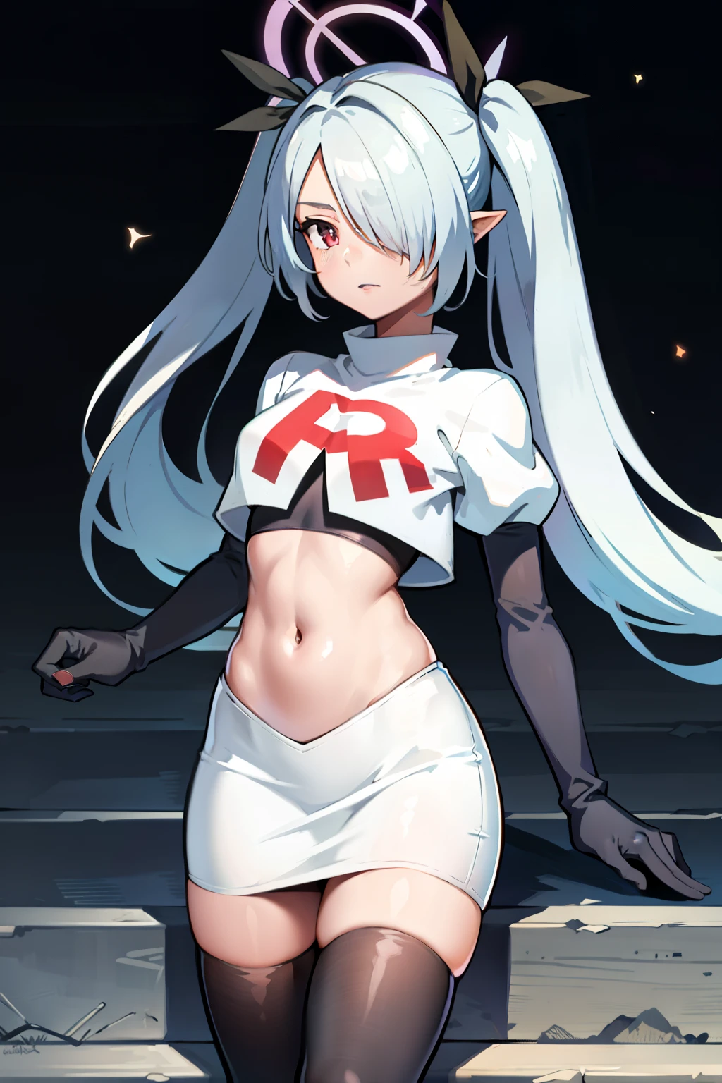 (masterpiece), 1girl, hair over one eye,magical world, shiny steps, beautiful sky, stars, jupiter, ioridef, team rocket,team rocket uniform,white skirt,crop top,black thigh-highs,black elbow gloves,