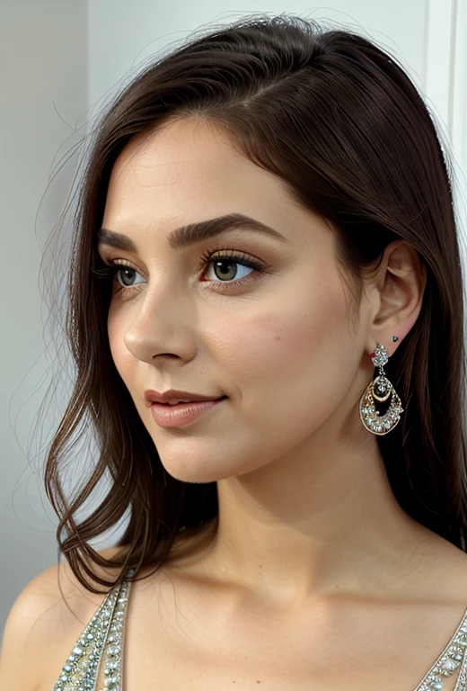 (masterpiece, best quality), intricate details, realistic, photorealistic, a close up of a woman wearing earrings, inspired by Emma Andijewska, draped in crystals, silver color, long earrings, sandra chevier, huge earrings, 2019, blue-eyed, platinum jewellery, earring, flawless structure, silver earring,
