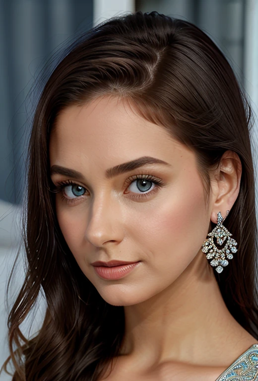 (masterpiece, best quality), intricate details, realistic, photorealistic, a close up of a woman wearing earrings, inspired by Emma Andijewska, draped in crystals, silver color, long earrings, sandra chevier, huge earrings, 2019, blue-eyed, platinum jewellery, earring, flawless structure, silver earring,
