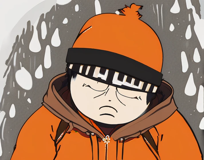 Dr Mephesto lying on Floor in Snow, White Skin, Fat Man, Light Brown Boonie Hat, white Bandana cap, Black Line Bangs, Short Sleeve Orange Tracksuit, South Park Style, Artist by Kim Sujeong 