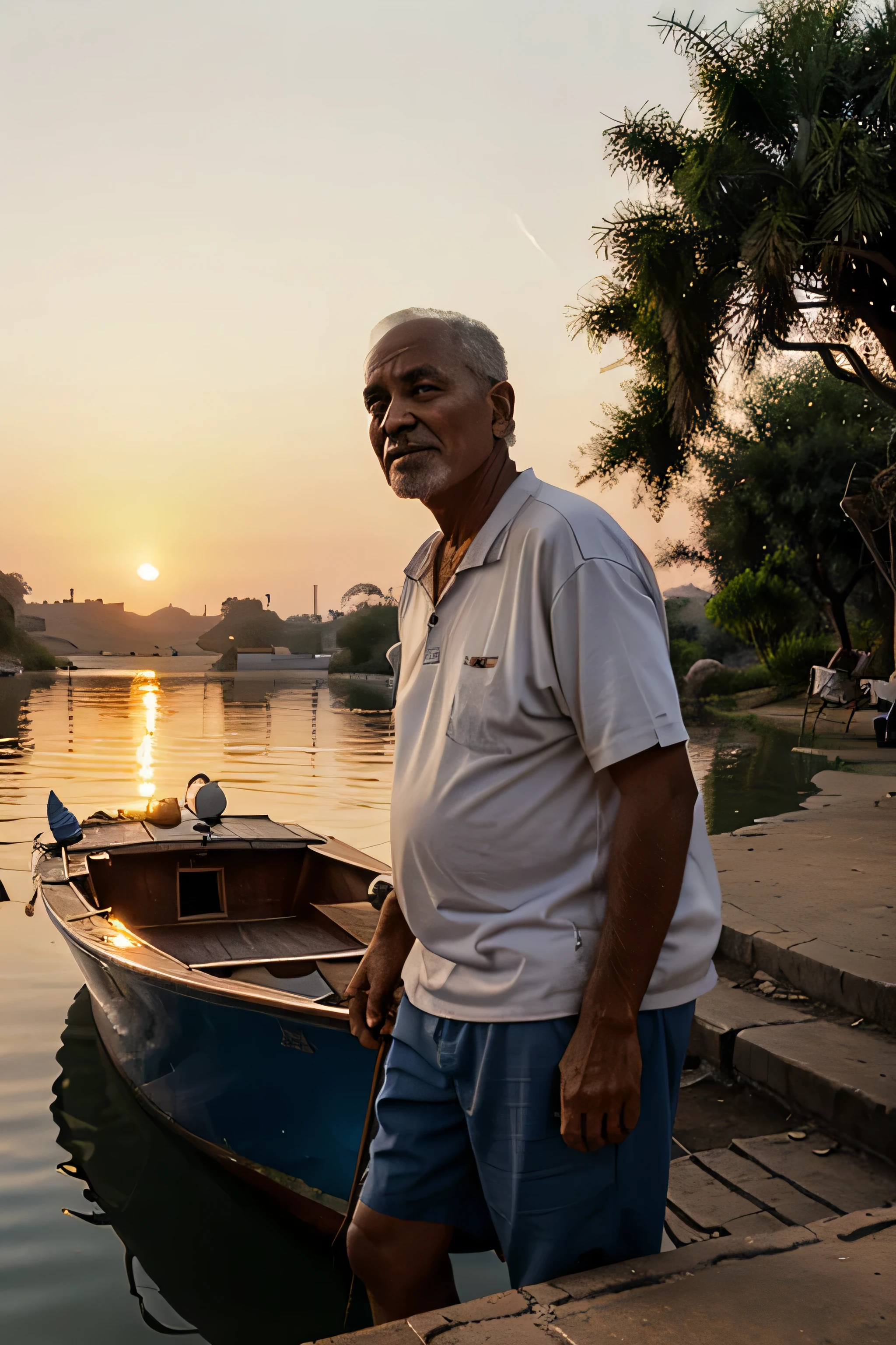Sunrise from down nile river where old man looking at a boat