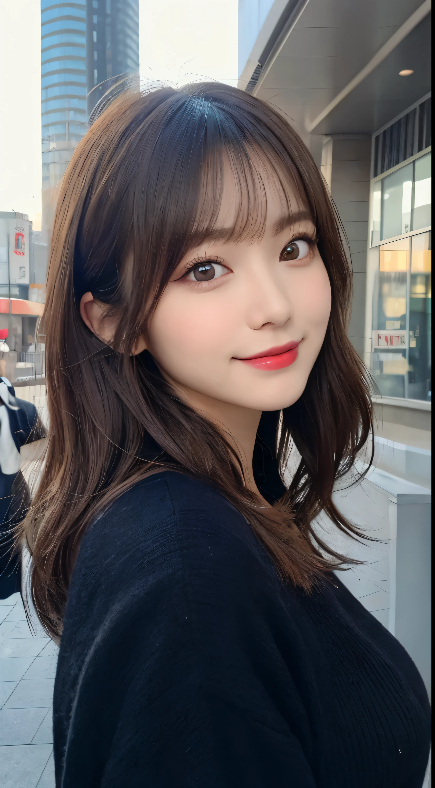 masutepiece, Best Quality, Illustration, Ultra-detailed, finely detail, hight resolution, 8K Wallpaper, Perfect dynamic composition, Beautiful detailed eyes, Gorgeous black fluffy Tokyo winter clothes,random cute hair,small tits,Natural Color Lip, Bold sexy poses,Smile、20 years girl、Cute、Sexy shot looking at camera,Always blur the background,Perfect and beautiful face,Take only the face,beautiful and detailed face、slim face and style,Big eyes、Do gal makeup