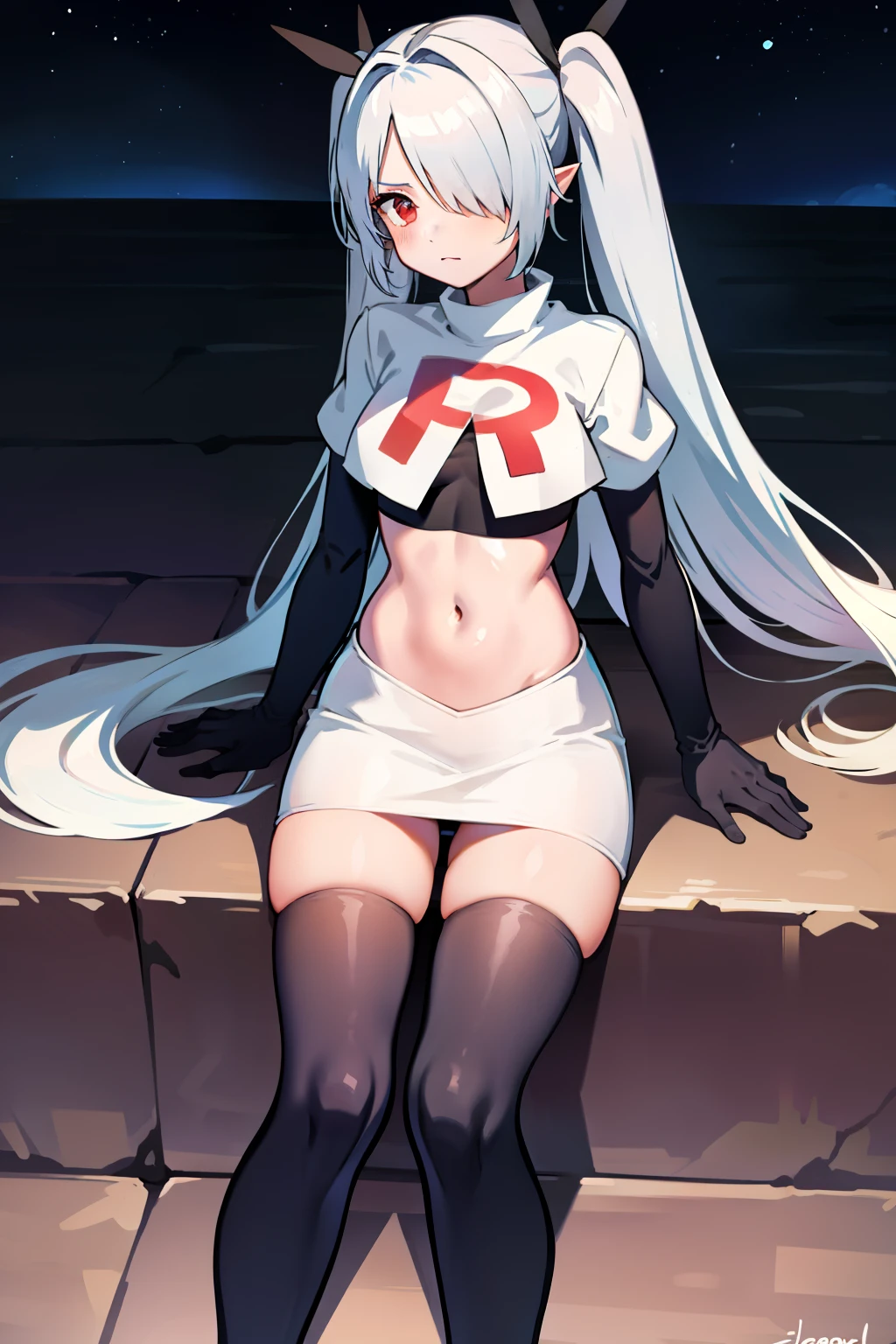 (masterpiece), 1girl, hair over one eye,magical world, shiny steps, beautiful sky, stars, jupiter, ioridef, team rocket,team rocket uniform,white skirt,crop top,black thigh-highs,black elbow gloves,