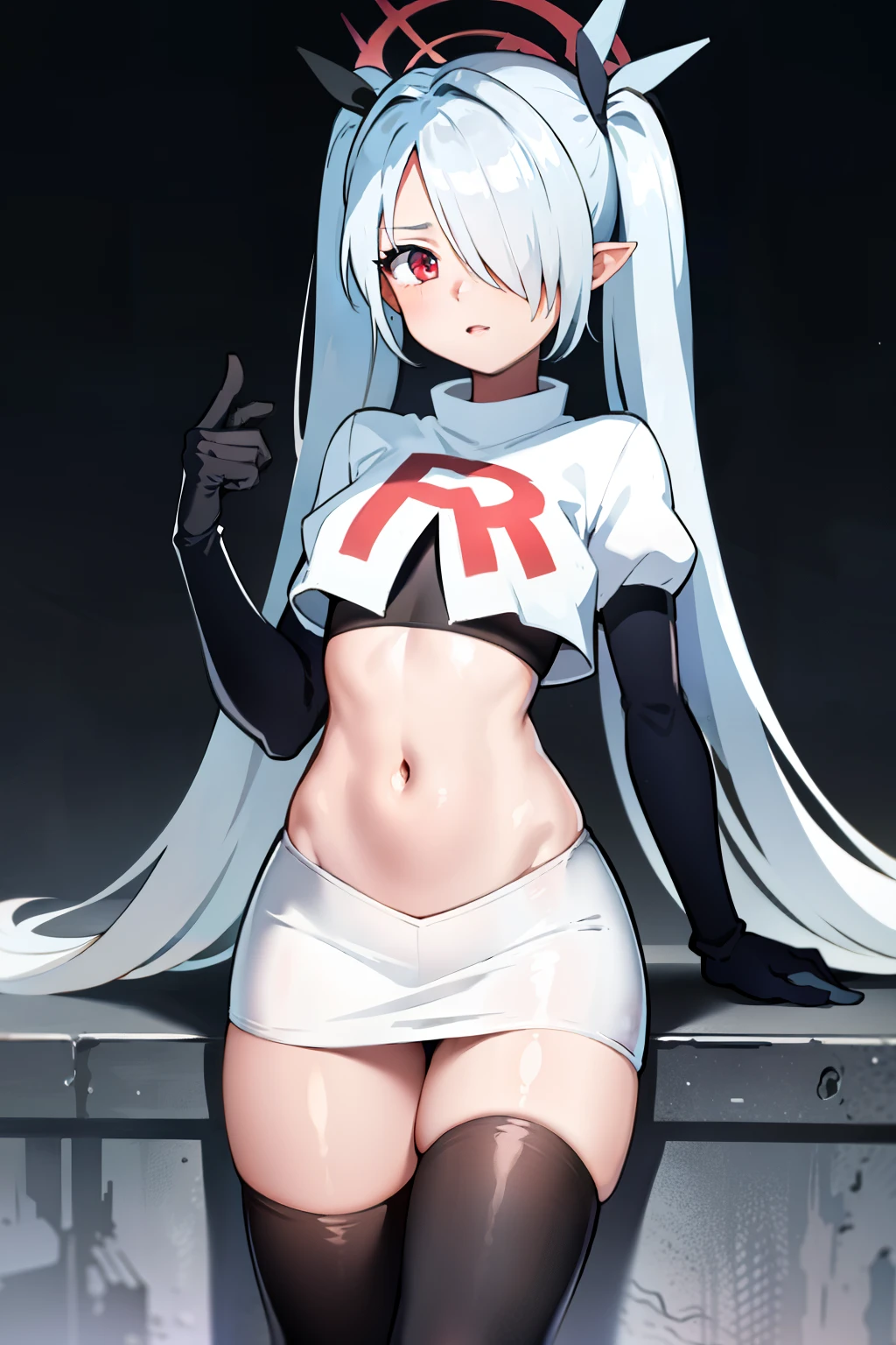 (masterpiece), 1girl, hair over one eye,magical world, shiny steps, beautiful sky, stars, jupiter, ioridef, team rocket,team rocket uniform,white skirt,crop top,black thigh-highs,black elbow gloves,