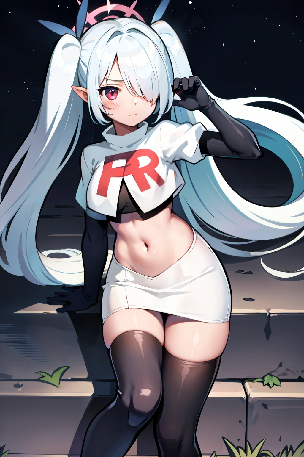 (masterpiece), 1girl, hair over one eye,magical world, shiny steps, beautiful sky, stars, jupiter, ioridef, team rocket,team rocket uniform,white skirt,crop top,black thigh-highs,black elbow gloves,