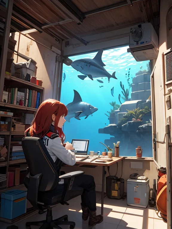 Ridiculous resolution,A high resolution,(obra maestra:1.4),hiperdetalle,1 mujer joven,pelo rojo corto,Traje de piloto,Princesa rica,Sitting in an extremely narrow and closed mechanical control room.,Operar mechas,Outside the window is the underwater world.,The expression is angry,En las profundidades del mar