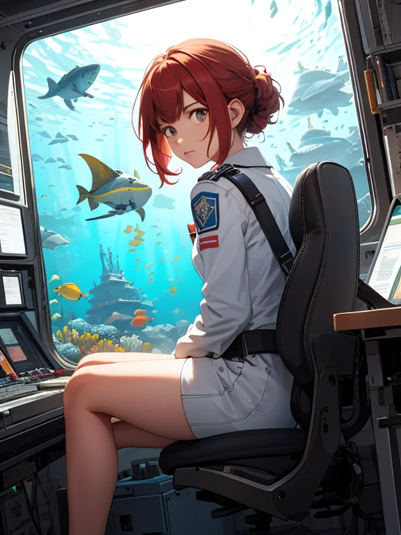Ridiculous resolution,A high resolution,(obra maestra:1.4),hiperdetalle,1 mujer joven,pelo rojo corto,Traje de piloto,Princesa rica,Sitting in an extremely narrow and closed mechanical control room.,Operar mechas,Outside the window is the underwater world.,The expression is angry,En las profundidades del mar