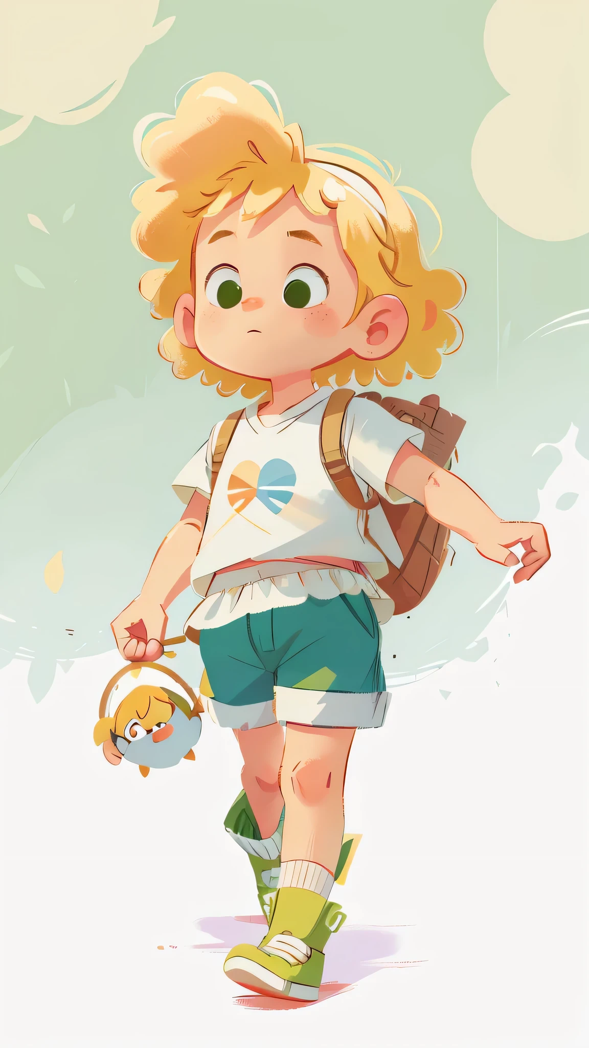 boy, white background, children's book illustration style, simple, cute, 2 years old, bright colors, (blond hair), ends of hair below the ears curly, light skin, (sleeveless shirt), (white shirt), shorts fabric, (green shorts), intricate details, walking to school