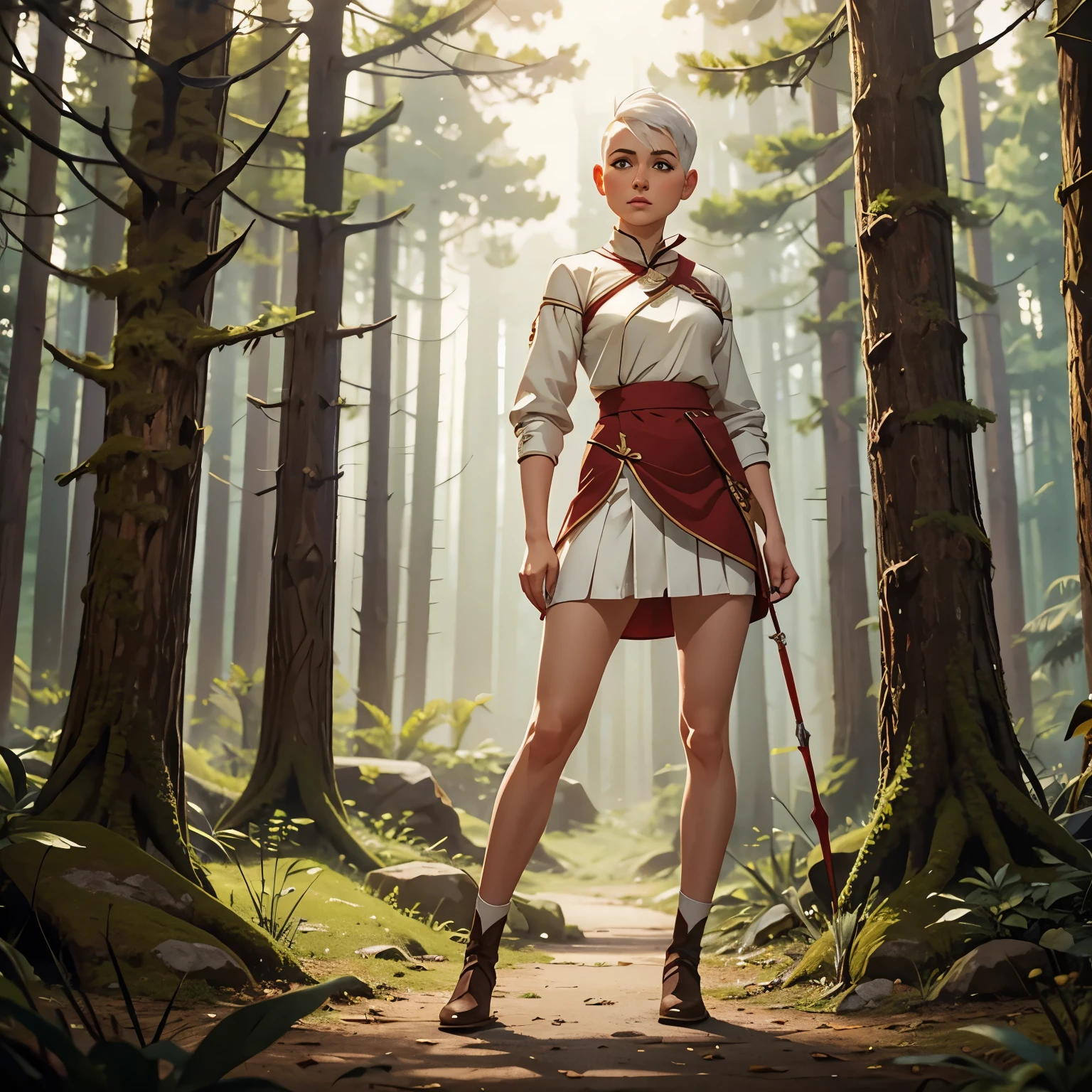 1girl, full body, white hair, shaved haircut, archer, skirt, forest, masterpiece