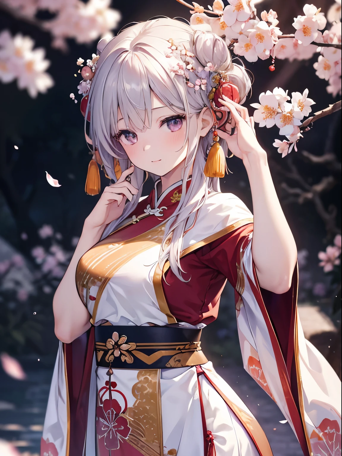 masterpiece,extremely detailed CG unity 8k wallpaper,1girl, beautiful, realistic, blurry, blurry_background, blurry_foreground, branch, plum blossom, depth_of_field, flower, jewelry, nose, realistic, solo,chinese clothes,fingers hidden, arms hidden, only wearing a bra