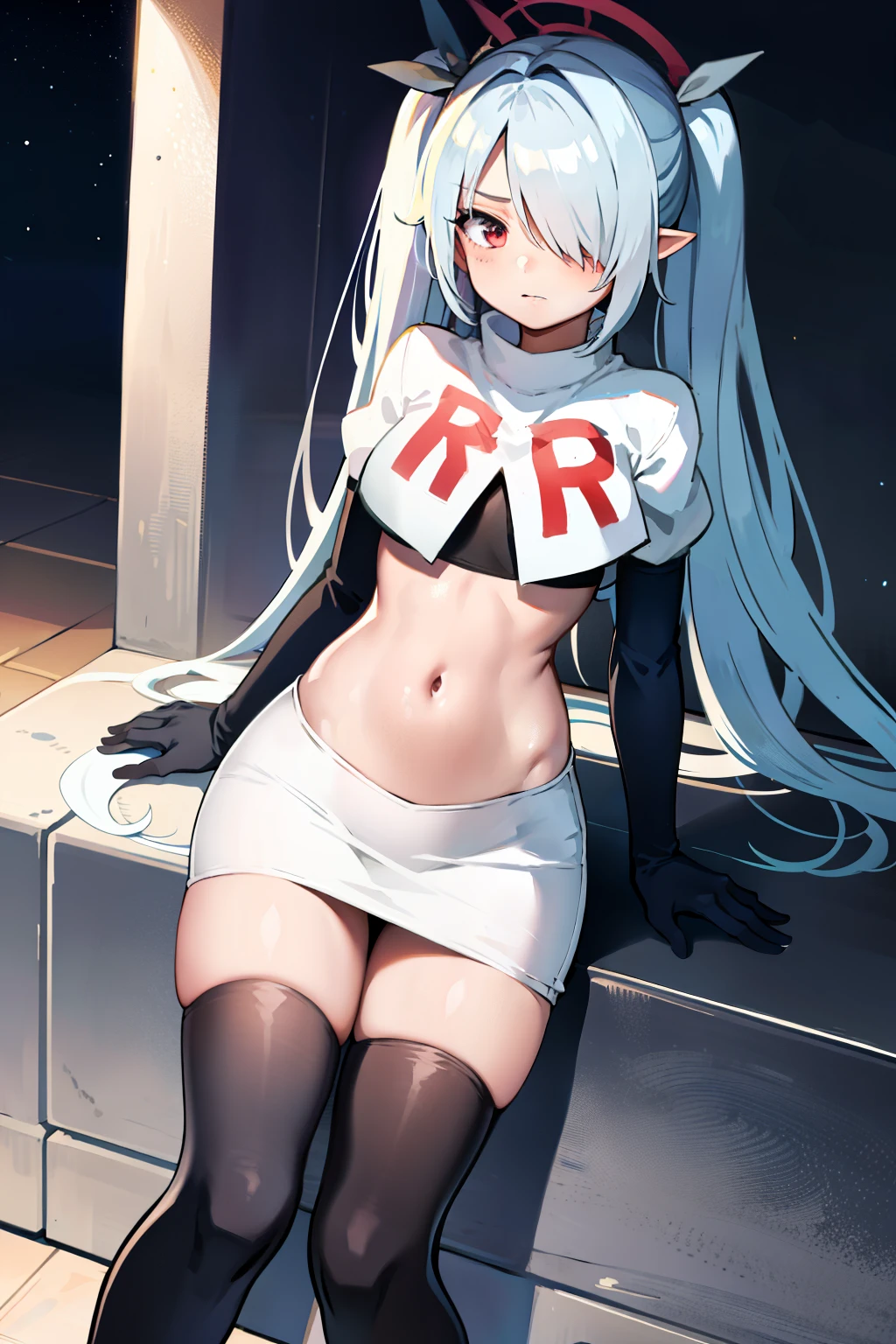 (masterpiece), 1girl, hair over one eye,magical world, shiny steps, beautiful sky, stars, jupiter, ioridef, team rocket,team rocket uniform,white skirt,crop top,black thigh-highs,black elbow gloves,
