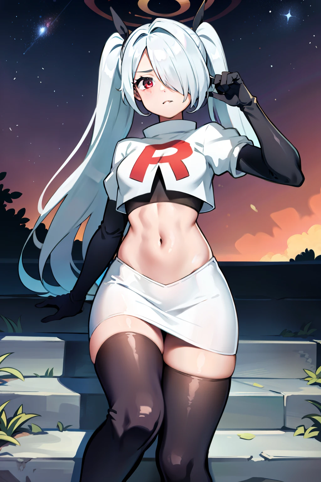 (masterpiece), 1girl, hair over one eye,magical world, shiny steps, beautiful sky, stars, jupiter, ioridef, team rocket,team rocket uniform,white skirt,crop top,black thigh-highs,black elbow gloves,