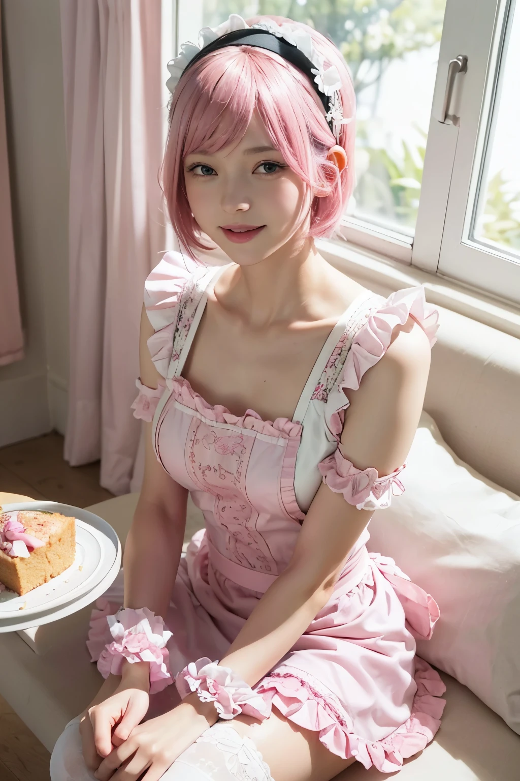 (8K, top-quality, masterpiece:1,2), (reallistic, Photorealsitic:1.37), Super Detail, One girl,), (Highly detailed), (beautifully detailed eyes), (of the highest quality), (super detailed ), (masterpiece), (Detailed face),20yr old, ,1 girl, ((pink hair,Very short hair)), medium breasts, clothed, Perfect Lighting, (pink lace apron:1.3), (white blouse:1.2), (pink vest:1.2), (pink frill skirt:1.3), (A-line silhouette:1.2), (ribbons and frills:1.4), (white knee socks:1.2), (black mary jane shoes:1.2), (pink headband:1.2), (white lace gloves:1.2), BREAK bangs on right side, ear on left side, pink headband, smiling, open eyes, biting lower lip, leaning forward, holding a tray, cup of tea and cake on tray, left hand on chest, right hand holding tray, legs slightly apart and bent, white wall, pink curtains, bright sunlight from window, natural light from left side, soft shadows, pink filter