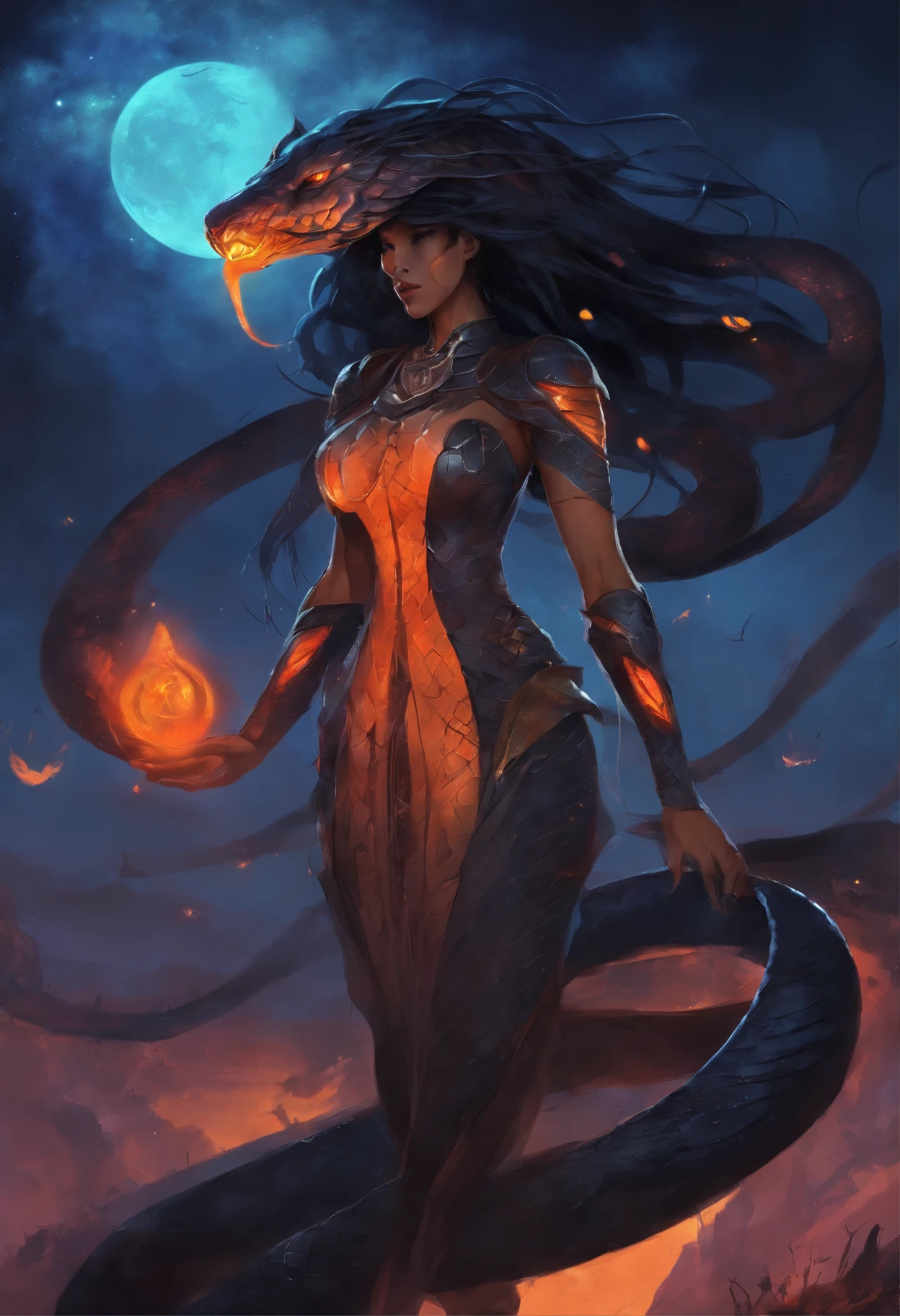 Naga female, long black hair, orange glowing eyes, void black shiny scales, nature background, night sky, lower body is a snake body, no snakes in background