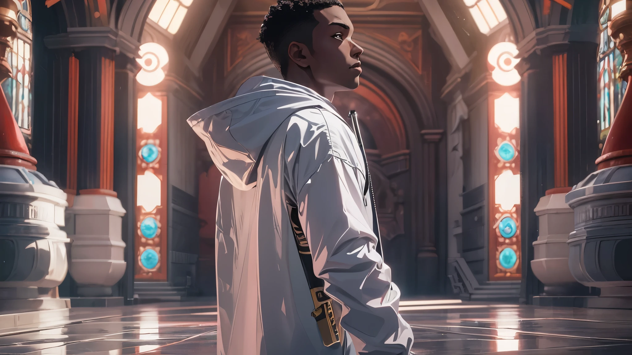 Capture the breathtaking moment as a young, dark-skinned man, dressed in a crisp white windbreaker hoodie, holds katana sword to a super hero's neck. This RAW masterpiece showcases an ultra-high resolution, photorealistic full-body portrait, illuminated by the warm glow of sunlight. The scene is rendered in the captivating style of mecha sci-fi anime, boasting an impressive 8K resolution for the best quality imagery. Crafted with Unreal Engine 1.4, this piece features ultra-realistic 64K CG, skin texture at 1.4, and volumetric fog to add depth and atmosphere. The details are further enhanced with 8K UHD, DSLR quality, film grain, and the artistic touch of lomography. The result is a stunning blend of high-quality visuals, translucent effects, and photorealism that truly captivates the viewer.
