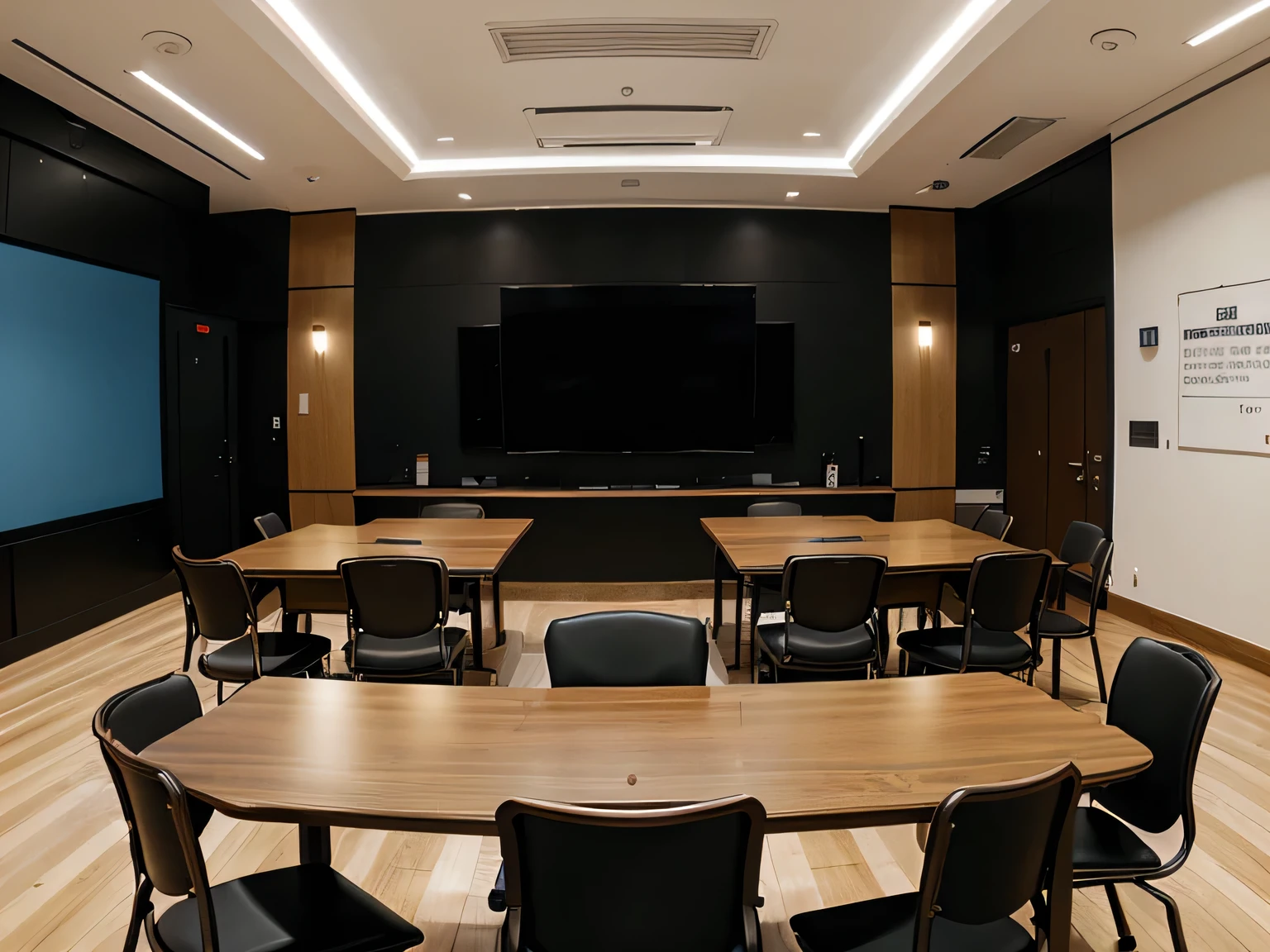 Meeting room without people, no humans, unimed, medicina, central table with chairs and screen, RetroFuturismoAI, steampunk