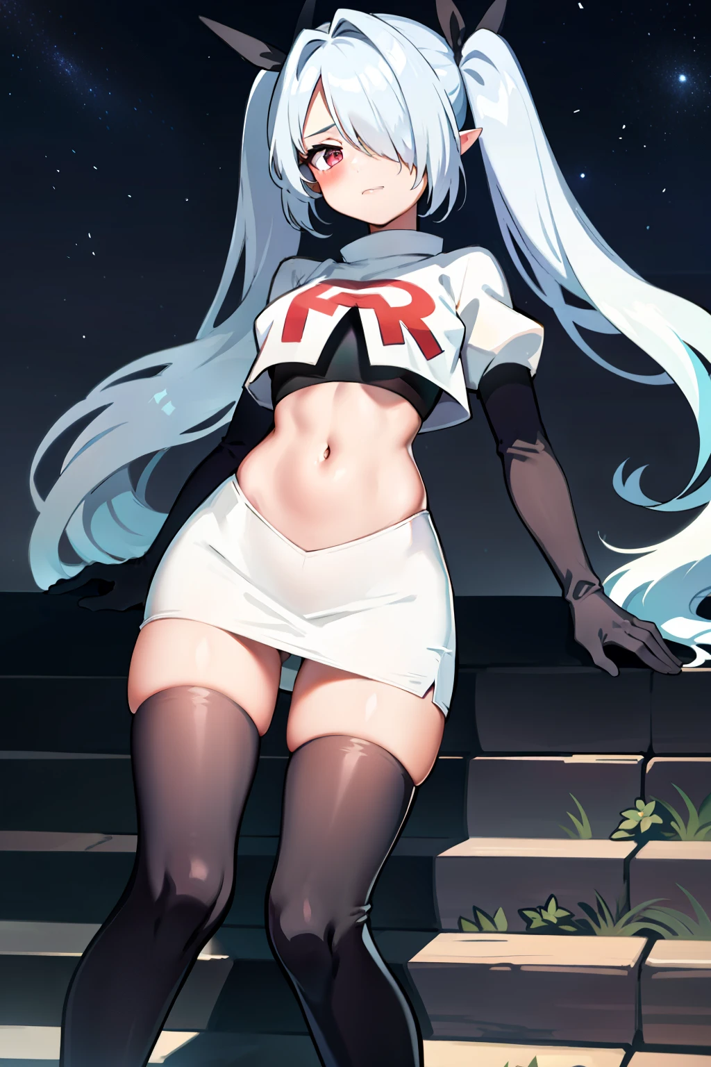 (masterpiece), 1girl, hair over one eye,magical world, shiny steps, beautiful sky, stars, jupiter, ioridef, team rocket,team rocket uniform,white skirt,crop top,black thigh-highs,black elbow gloves,