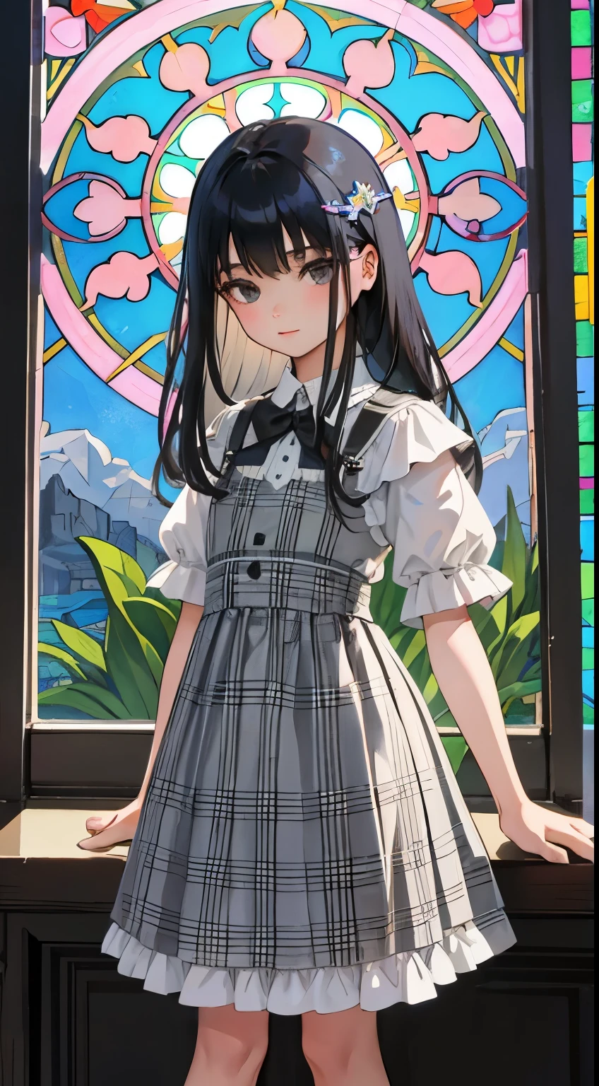 (child),(masterpiece,Top quality),Light gray plaid lolita outfit,short sleeve,long hair,black hair,Summer Classroom,tarot,Mucha,Stained glass