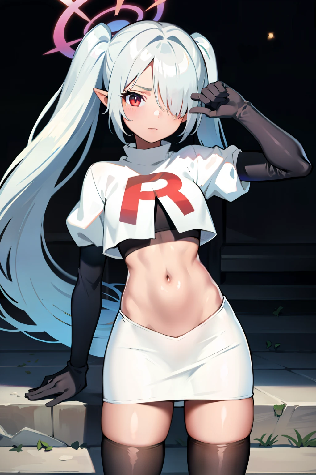 (masterpiece), 1girl, hair over one eye,magical world, shiny steps, beautiful sky, stars, jupiter, ioridef, team rocket,team rocket uniform,white skirt,crop top,black thigh-highs,black elbow gloves,