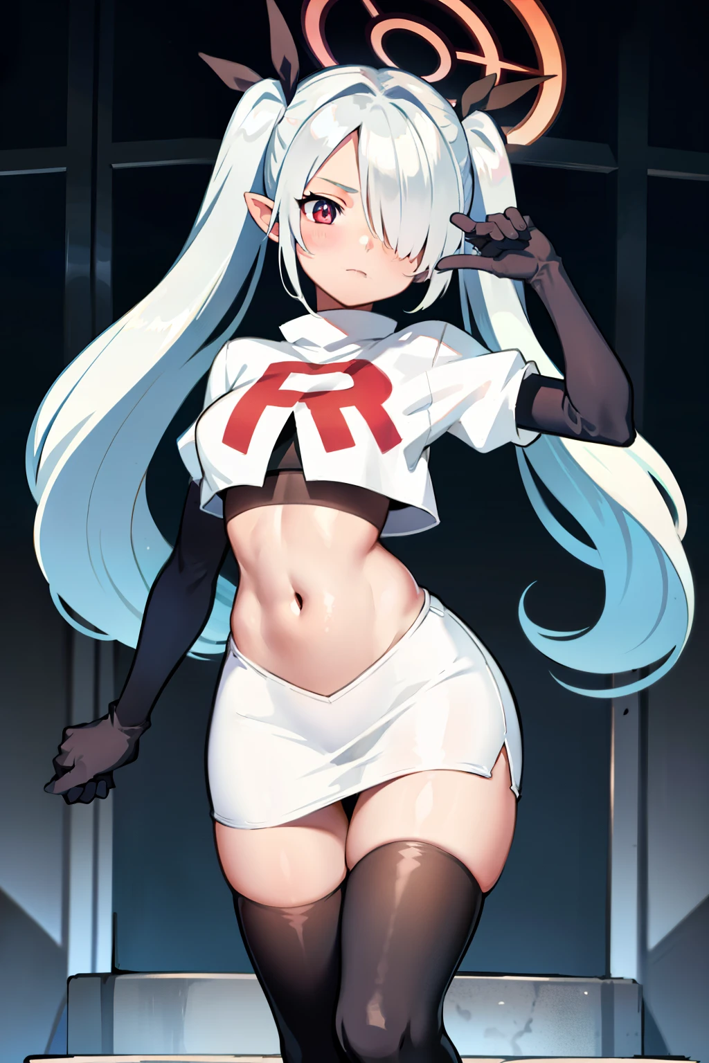 (masterpiece), 1girl, hair over one eye,magical world, shiny steps, beautiful sky, stars, jupiter, ioridef, team rocket,team rocket uniform,white skirt,crop top,black thigh-highs,black elbow gloves,