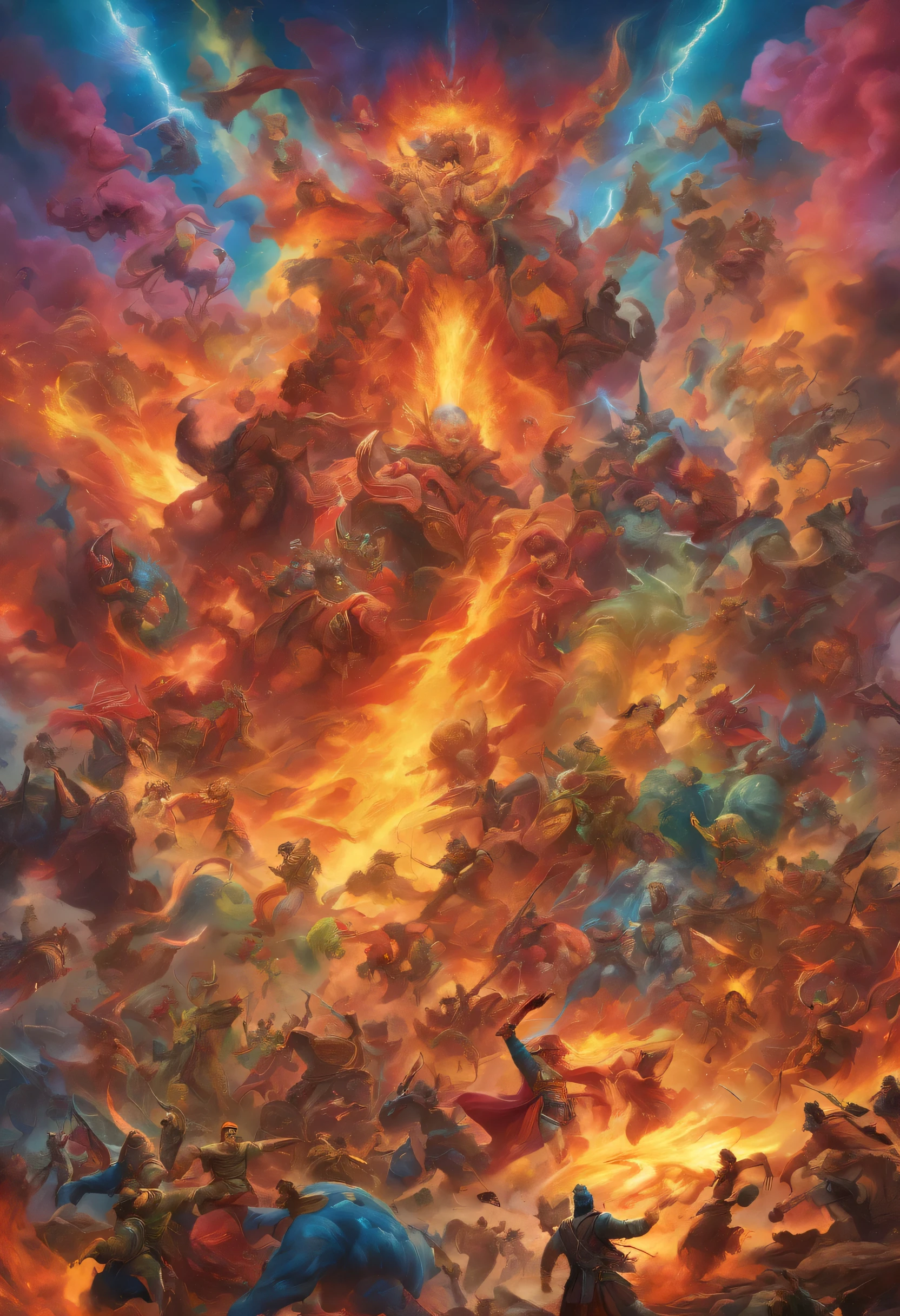 (melhor qualidade,4k,8k,high resolution,obra de arte:1.2),ultra-detalhado,(realista,photorealista,photo-realista:1.37),Godly fury,Chaotic battle scene,final victory of humanity,divine intervention,guerreiros imortais,poderes sobrenaturais,epic showdown,ira celestial,humans standing,burning skies,destructive forces,armas poderosas,majestic ruins,coragem mortal,Fire explosions,Frente Unida,Infinite Determination,courageous leaders,triunfo divino,Raiva piedosa,Seres Celestiais Poderosos,luta desesperada,Heroic sacrifices,energia crescente,Inspiring spectacle,efeitos visuais impressionantes,campo de batalha escurecido,rugidos trovejantes,hinos majestosos,cometas em chamas,imenso poder,antigas profecias cumpridas,Apocalyptic Battlefield,ultimate test of strength,inimigos ferozes,ethereal aura,luz celestial espetacular,dramatic victory,comemorado como lendas,testemunhas impressionadas,desafio mortal em meio ao caos,Victory celebration