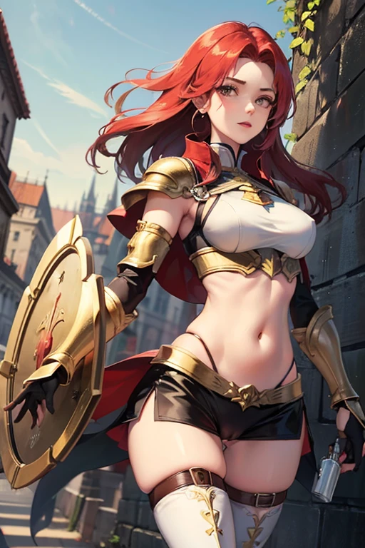 Redhead warrior, armor, medieval fantasy, D&d, RPG, ultra realistic, ultra detailed, best quality, 8k, wallpaper, steel breastplate, steel boots, steel gauntlets, steel gloves, sitting, open legs, red skirt, small panties, white panties, panty view, upskirt, thong, cameltoe, pantyshot, RAW,