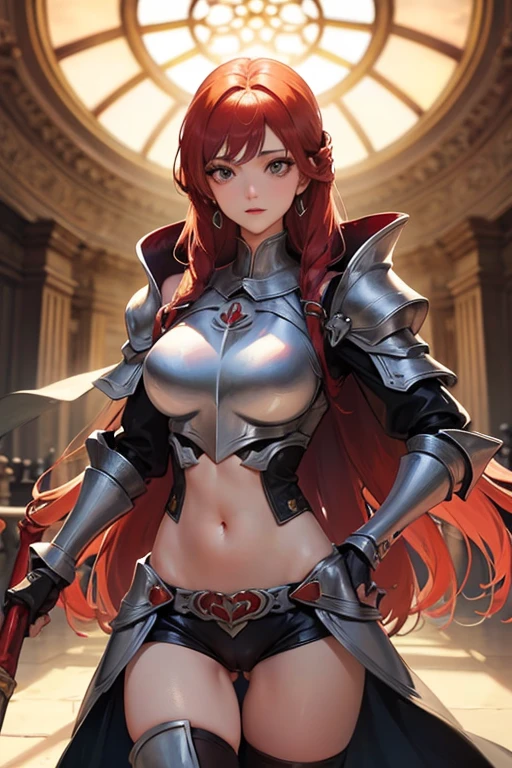 Guerreira, fantasia, armadura de placas, steel breastplate, Steel gauntlets, steel gloves, saia curta, saia vermelha, levantando a saia, calcinha branca, calcinha aparecendo, ruiva, realista, D&D, saia levantada, (cameltoe), upskirt, Steel gauntlets, steel boots, steel breastplate, melhor qualidade, tiro de cowboy, obra-prima, 8k, (exposed navel), holding a shield