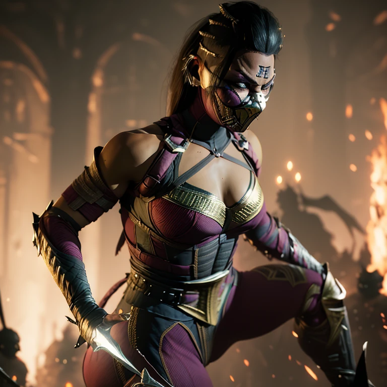 Realistic, 1girl, Mileena from Mortal Kombat, high quality, detailed, (Mortal Kombat: 1.6), wearing Kakashi suit, (realistic, photo-realistic: 1.3), toned physique, broad shoulders, defined abs, long legs, detailed outfit, intricate patterns on the suit, green headband, ninja mask covering the upper part of the face, piercing green eyes, intense gaze, determined expression, sword in hand, battle-ready stance, sword reflecting light, motion blur effect, soft focus on the eyes, cinematic, hyperdetailed.