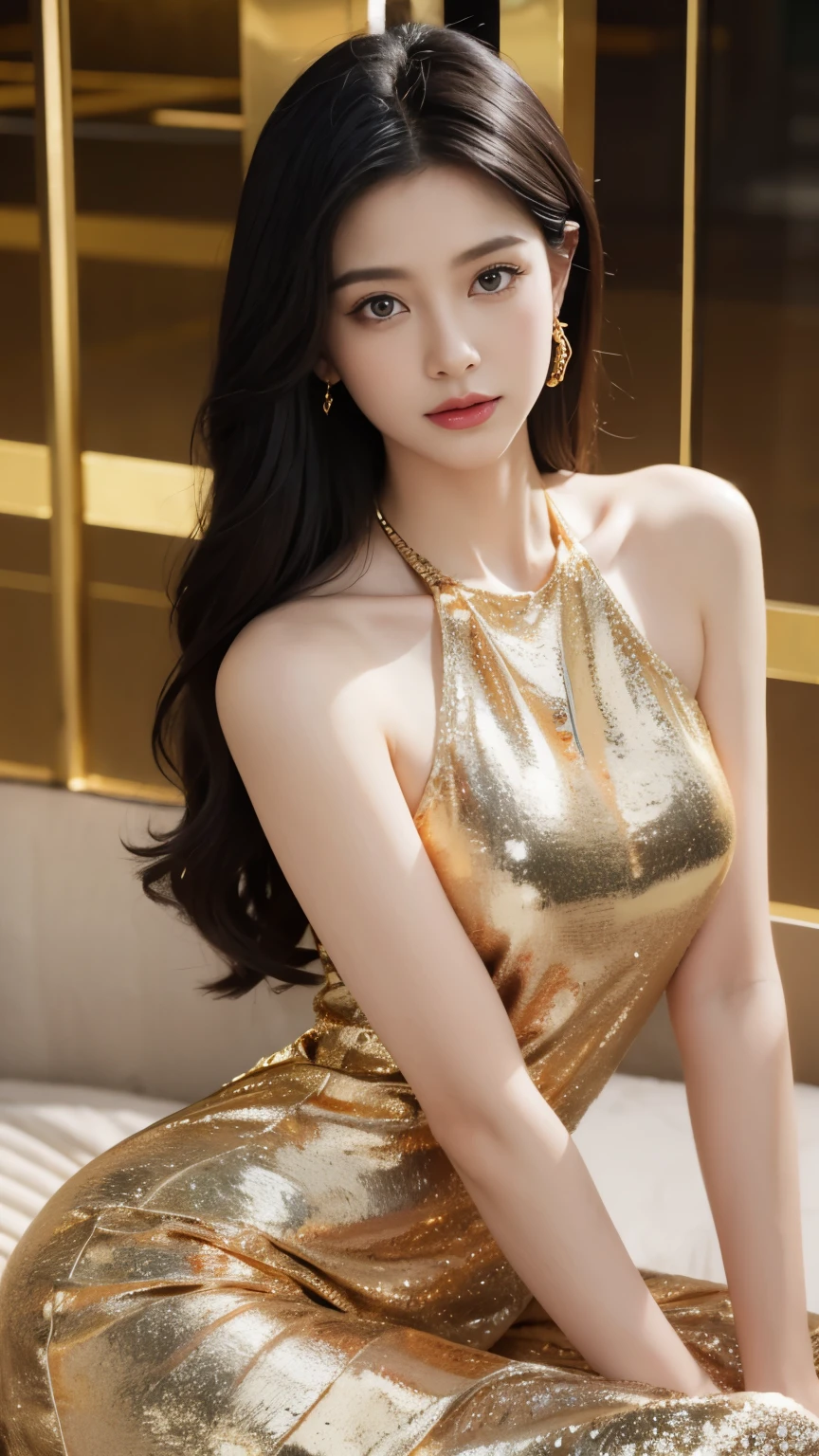 8K ultra hd, masterpiece, Best quality, 1 girl, beautiful face, cute smile, very long hair, hair ornaments, detailed eyes, small breasts, very beautiful dress, golden dress, golden lace, criss-cross strap dress, loops in dress, jewelry, clouds and mountain background, high resolution, Dramatic lighting, blurred foreground, sitting,