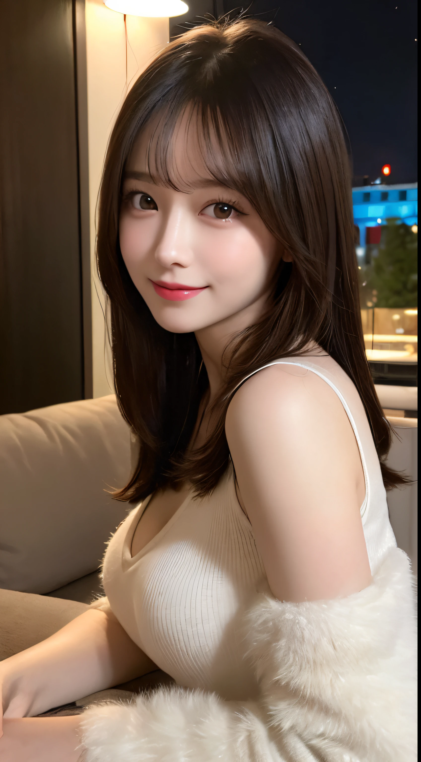 masutepiece, Best Quality, Illustration, Ultra-detailed, finely detail, hight resolution, 8K Wallpaper, Perfect dynamic composition, Beautiful detailed eyes, fluffy winter clothes,straight haired,small tits、Natural Color Lip, Bold sexy poses,Smile,luxury house room、20 years girl、Cute、Sexy shot looking at camera,Ultra-realistic raw photos,Night outside