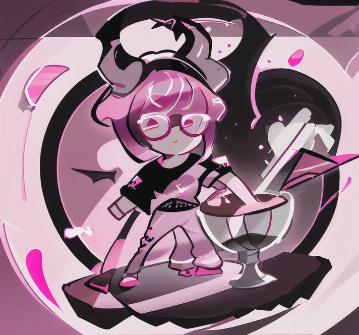 Black Cherry Cookie, Dark Pink Hair, medium hair, bowl cut, swept bangs, demon horns, Pink Square Eyewear, Short Sleeve Red Tracksuit , Surrealism, 8k