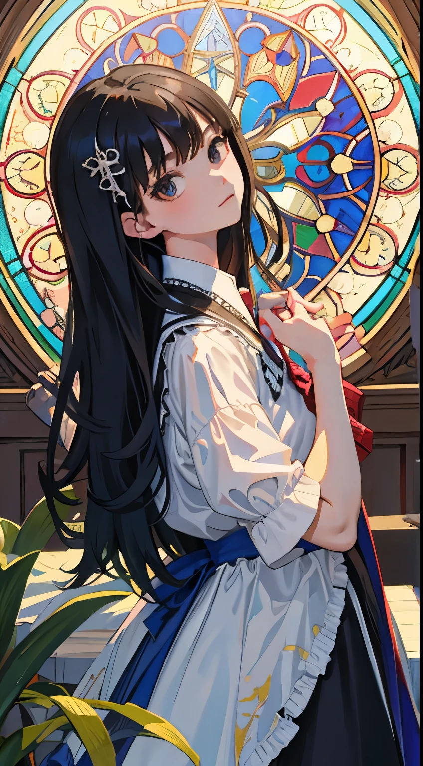 ()，（masterpiece，Top quality)，plaid lolita clothes，short sleeve，long hair,black hair，Summer Classroom，tarot，Mucha，Stained glass