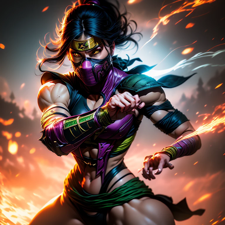 Realistic, 1girl, Mileena from Mortal Kombat, high quality, detailed, (Mortal Kombat: 1.6), wearing Kakashi suit, (realistic, photo-realistic: 1.3), toned physique, broad shoulders, defined abs, long legs, detailed outfit, intricate patterns on the suit, green headband, ninja mask covering the upper part of the face, piercing green eyes, intense gaze, determined expression, sword in hand, battle-ready stance, sword reflecting light, motion blur effect, soft focus on the eyes, cinematic, hyperdetailed.