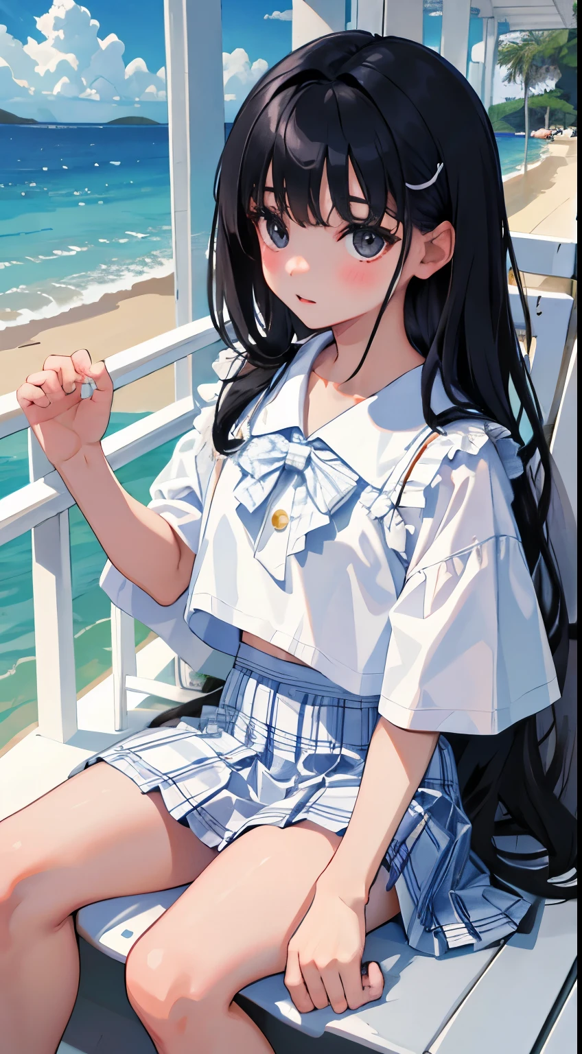 (child),(masterpiece,Top quality),White plaid pleated mini skirt,short sleeve,black hair,long hair,Summer Classroom,coastal