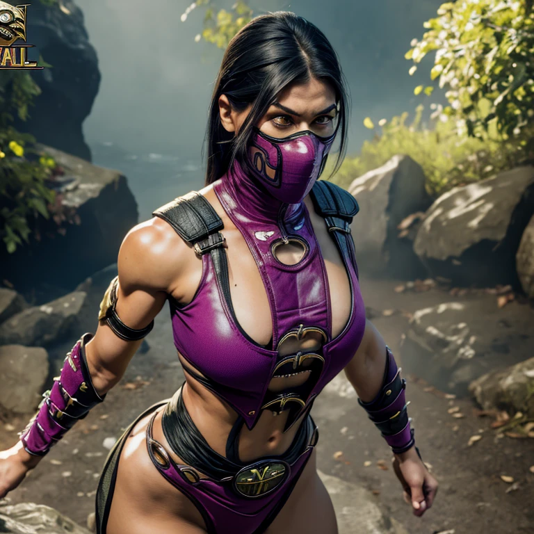 Realistic, 1girl, Mileena from Mortal Kombat, high quality, detailed, (Mortal Kombat: 1.6), wearing Kakashi suit, (realistic, photo-realistic: 1.3), toned physique, broad shoulders, defined abs, long legs, detailed outfit, intricate patterns on the suit, green headband, ninja mask covering the upper part of the face, piercing green eyes, intense gaze, determined expression, sword in hand, battle-ready stance, sword reflecting light, motion blur effect, soft focus on the eyes, cinematic, hyperdetailed.