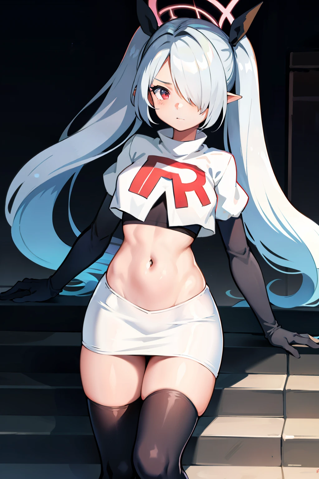 (masterpiece), 1girl, hair over one eye,magical world, shiny steps, beautiful sky, stars, jupiter, ioridef, team rocket,team rocket uniform,white skirt,crop top,black thigh-highs,black elbow gloves,