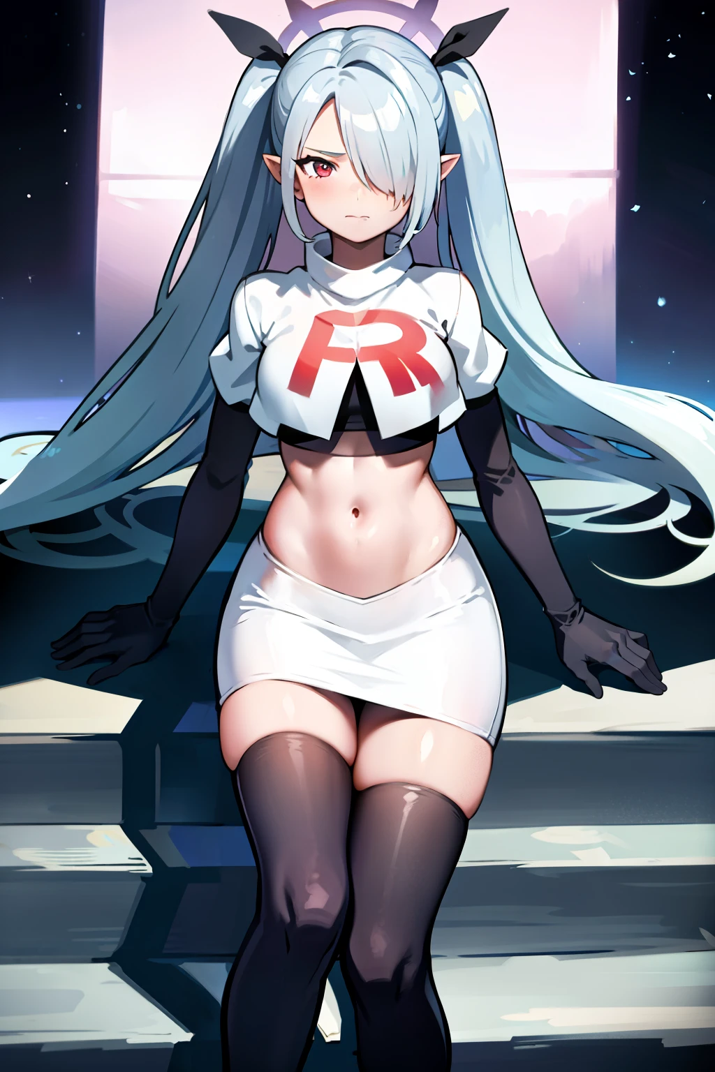 (masterpiece), 1girl, hair over one eye,magical world, shiny steps, beautiful sky, stars, jupiter, ioridef, team rocket,team rocket uniform,white skirt,crop top,black thigh-highs,black elbow gloves,