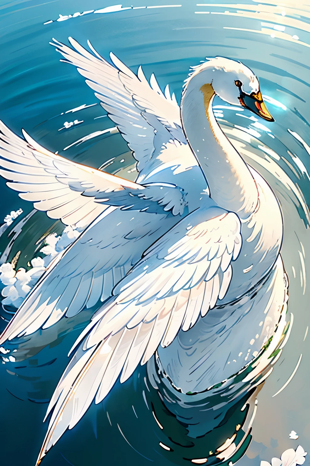 A pristine white swan gracefully glides on the tranquil Japanese lake, its feathers shimmering in the sun's reflection. (high resolution, The pixels are perfect, luxurious illustration), (ethereal: 1.3), (Majestic: 1.5), (Shiny white feathers: 1.4), (Realism:1.4), (Swan in motion:1.2), (serene:1.1), (Japanese landscape:1.4), (Peaceful: 1.2), (Uinted:1.2), (Full body shot), (Close up view: 1.2), (Blue H