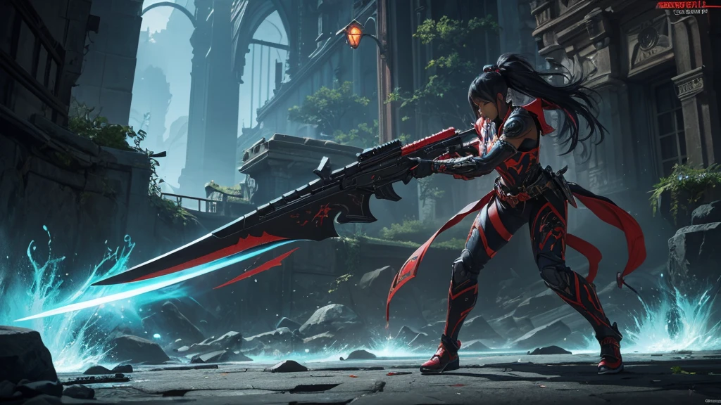  (best quality, vibrant colors), (design detailed), (weapon detailed, full body weapon detailed), (skin titanium black, weapon red), (skin weapon game detailed), (splash art) weapon evolution, weapon unique features,  "Witness the evolution of a weapon like no other, with vibrant colors and intricate details that will leave you in awe. From its titanium black skin to its green accents, this weapon is a true masterpiece. Imagine the splash art that would showcase its unique features and design, bringing it to life in a whole new way."