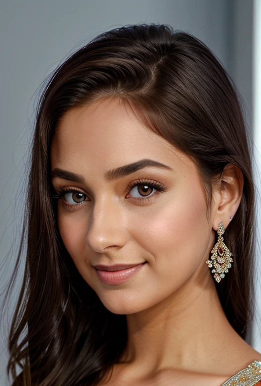 (masterpiece, best quality), 1 beautiful girl, intricate details, realistic, photorealistic, A detailed eye, Puffy eyes, top-quality, 1BA high resolution, cinematlic lighting, Indian, Indian Beauty, Super beauty. Beautiful skin, A slender, body facing for ward, (A hyper-realistic), (hight resolution), (SK), (ighly detailed), (beautifully detailed eyes), (ultra-detailliert). (wall-), (Natural smile). a close up of a woman wearing earrings, inspired by Emma Andijewska, draped in crystals, silver color, long earrings, sandra chevier, huge earrings, 2019, blue-eyed, platinum jewellery, earring, flawless structure, silver earring, Age 25