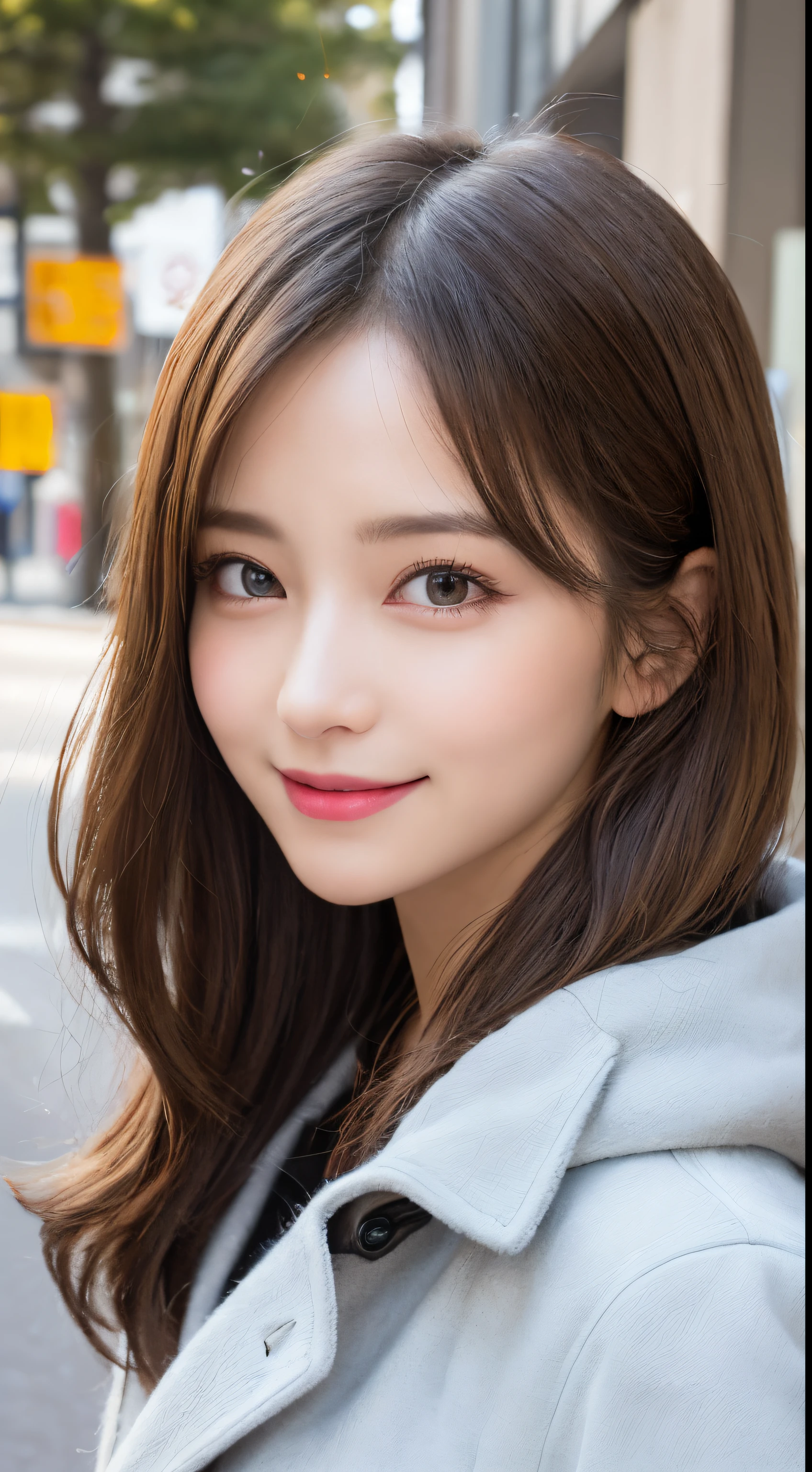 masutepiece, Best Quality, Illustration, Ultra-detailed, finely detail, hight resolution, 8K Wallpaper, Perfect dynamic composition, Beautiful detailed eyes, fluffy winter clothes(trench coat),Bob Hair,mid-chest, Natural Color Lip,Smile,Harajuku、20 years girl、Cute、is looking at the camera,Perfect and beautiful face
