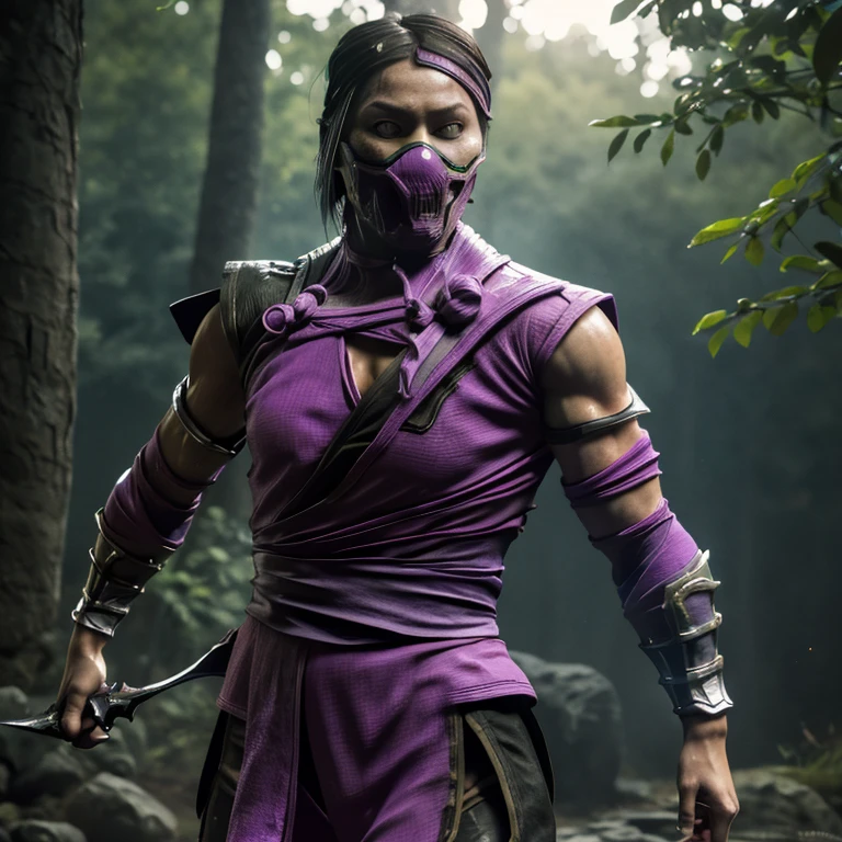 Realistic, 1girl, Mileena from Mortal Kombat, high quality, detailed, (Mortal Kombat: 1.6), wearing Kakashi suit, (realistic, photo-realistic: 1.3), toned physique, broad shoulders, defined abs, long legs, detailed outfit, intricate patterns on the suit, green headband, ninja mask covering the upper part of the face, piercing green eyes, intense gaze, determined expression, sword in hand, battle-ready stance, sword reflecting light, motion blur effect, soft focus on the eyes, cinematic, hyperdetailed.