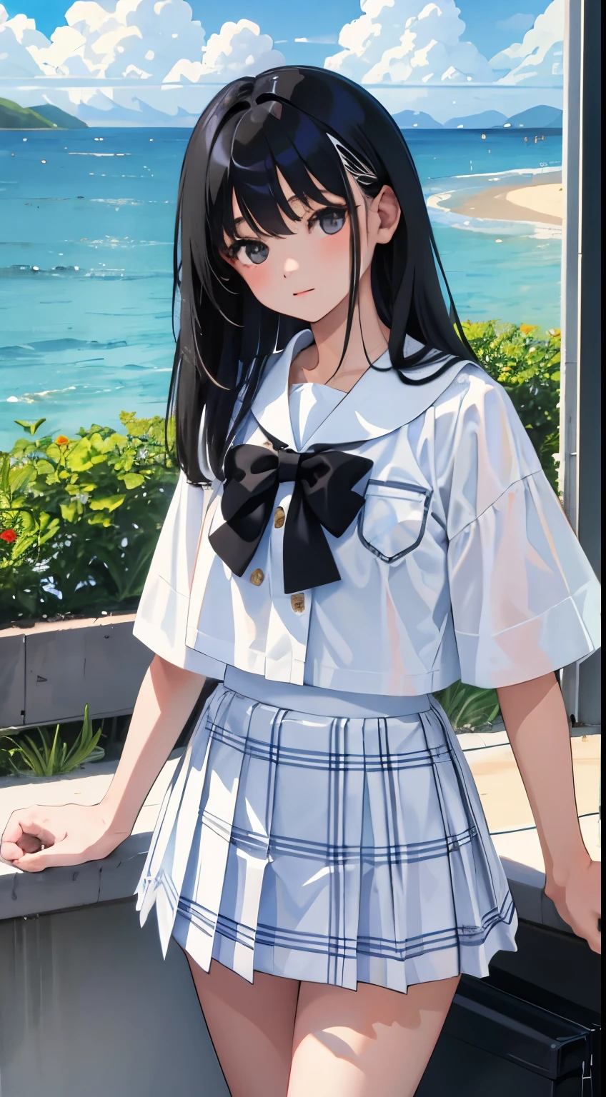 wariza，Put your hands between your legs，()，（masterpiece，Top quality)，Sky blue skirt，black hair，snowfield