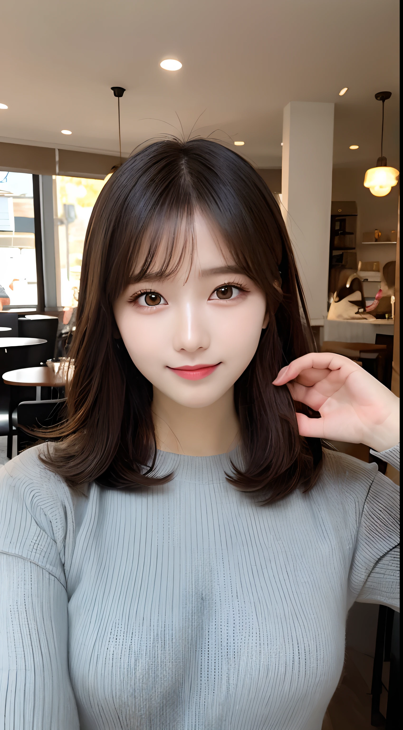 masutepiece, Best Quality, Illustration, Ultra-detailed, finely detail, hight resolution, 8K Wallpaper, Perfect dynamic composition, Beautiful detailed eyes, Wearing a gray knitted dress,small tits,Natural Color Lip, sexypose,Smile,20 years girl、Cute、Sexy shot looking at camera,Background blur,KPOP Idol Face,Shot in a cute café