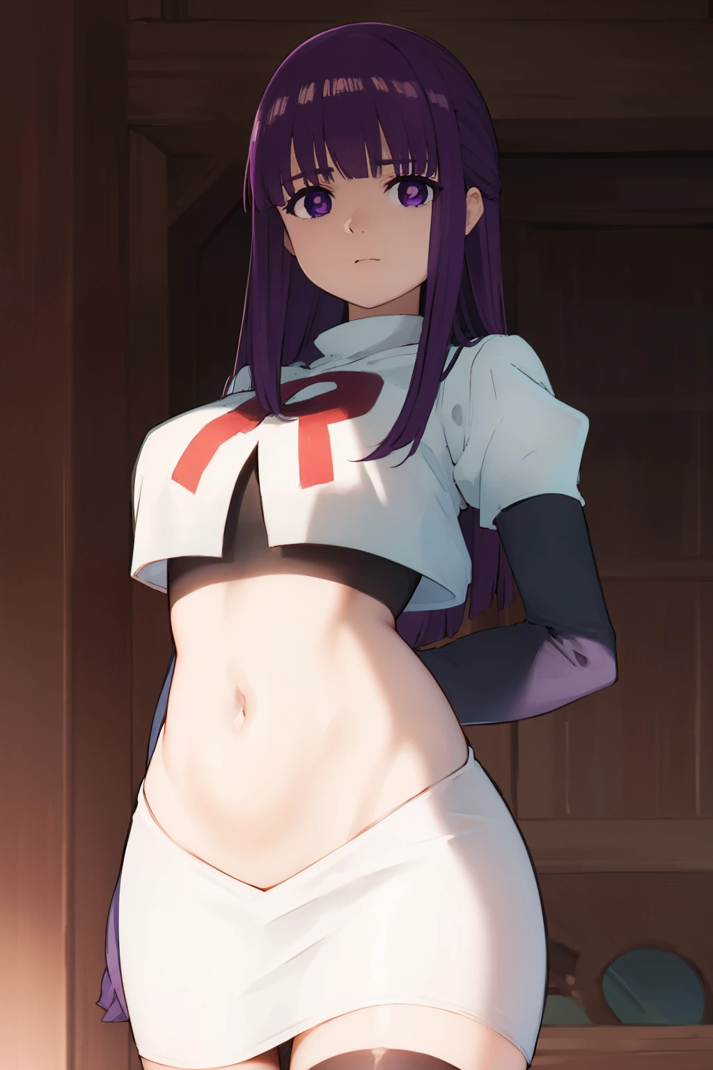 fern, fern, long hair, bangs, (purple eyes:1.1), purple hair, sidelocks, blunt bangs, (bright pupils:1.5),
BREAK team rocket,team rocket uniform,white skirt,crop top,black thigh-highs,black elbow gloves,
BREAK looking at viewer, (cowboy shot:1.5),
BREAK (masterpiece:1.2), best quality, high resolution, unity 8k wallpaper, (illustration:0.8), (beautiful detailed eyes:1.6), extremely detailed face, perfect lighting, extremely detailed CG, (perfect hands, perfect anatomy),